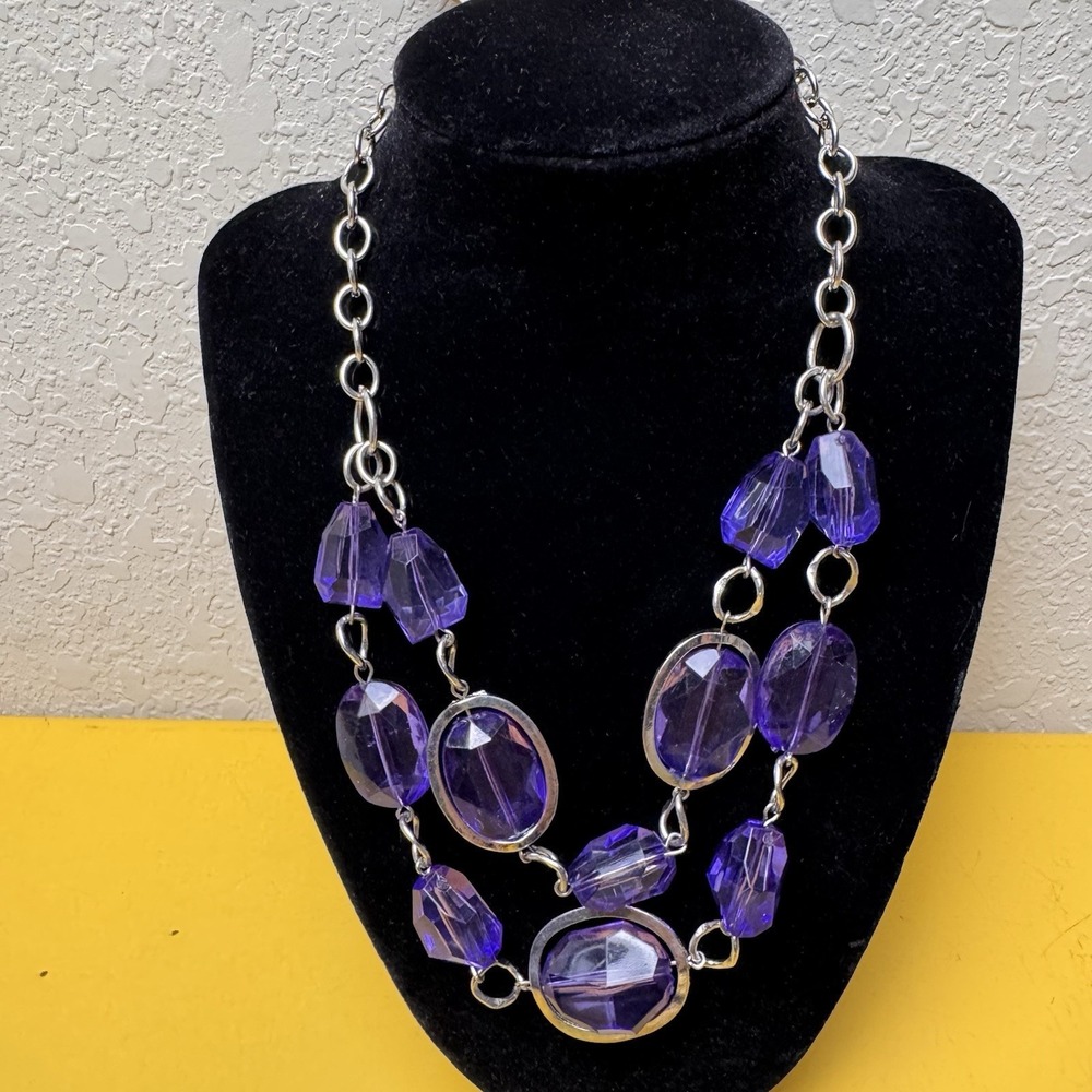 Cato Purple Faceted Bead Statement Necklace Silver Tone Adjustable NWT